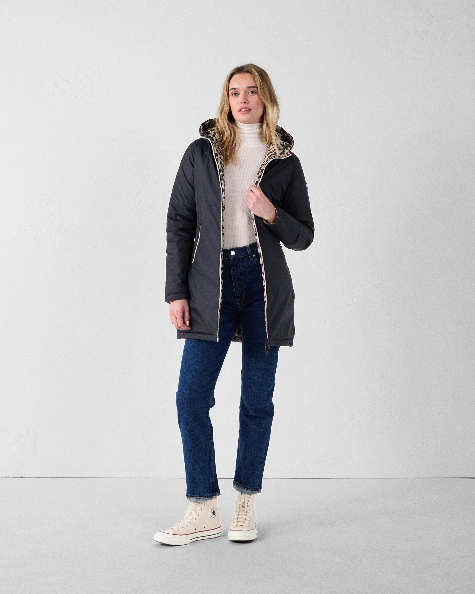 Doudoune longue réversible Noir/leopard beige Verone print